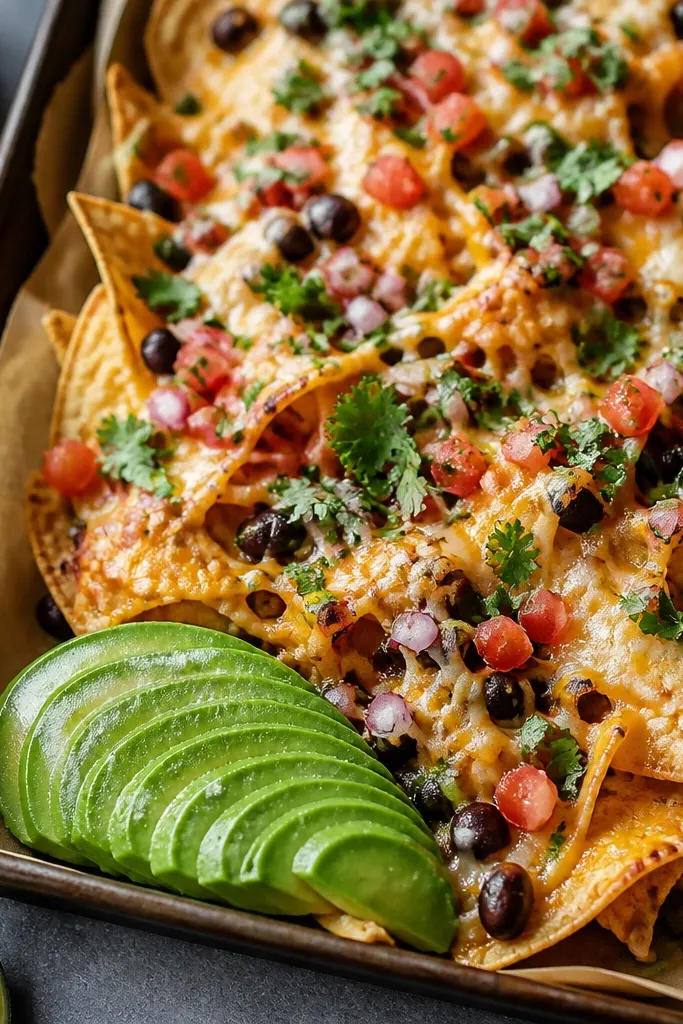 Nachos finished with an avocado fan at the edge of the tray, thin slices arranged in overlapping arcs, with lime juice shine on top.