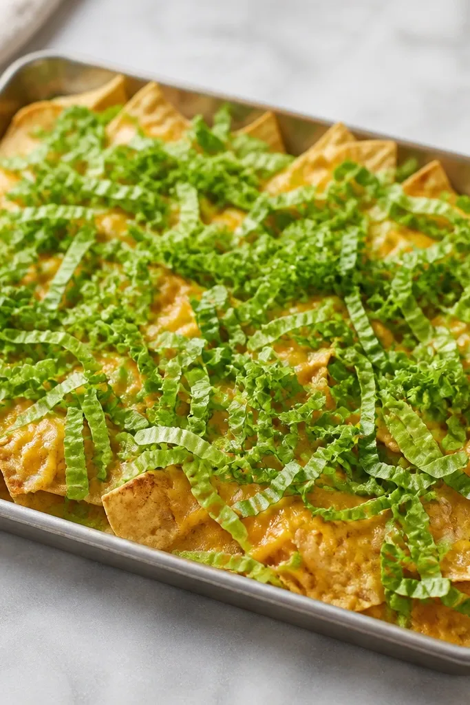 A tray of nachos with a thin layer of shredded romaine on top, bright green and dry-looking, with cheese melted underneath.