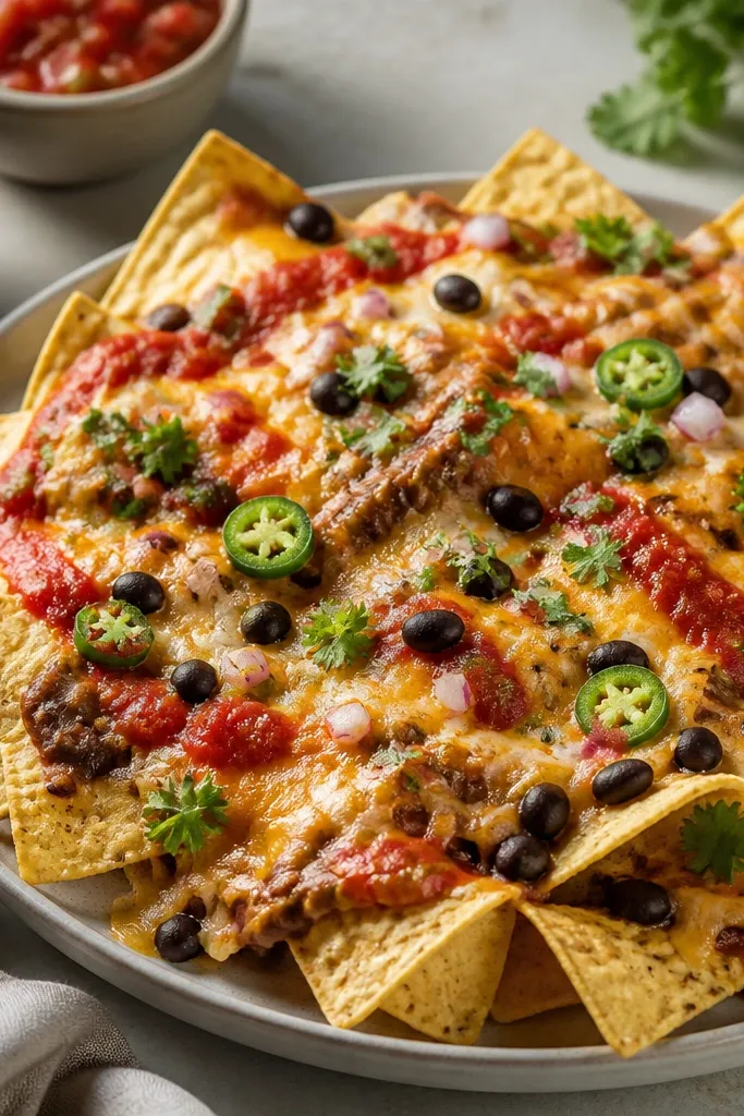 Nachos with visible swirls of salsa: red in some areas and orange-brown in others, dotted across the cheese instead of pooled.