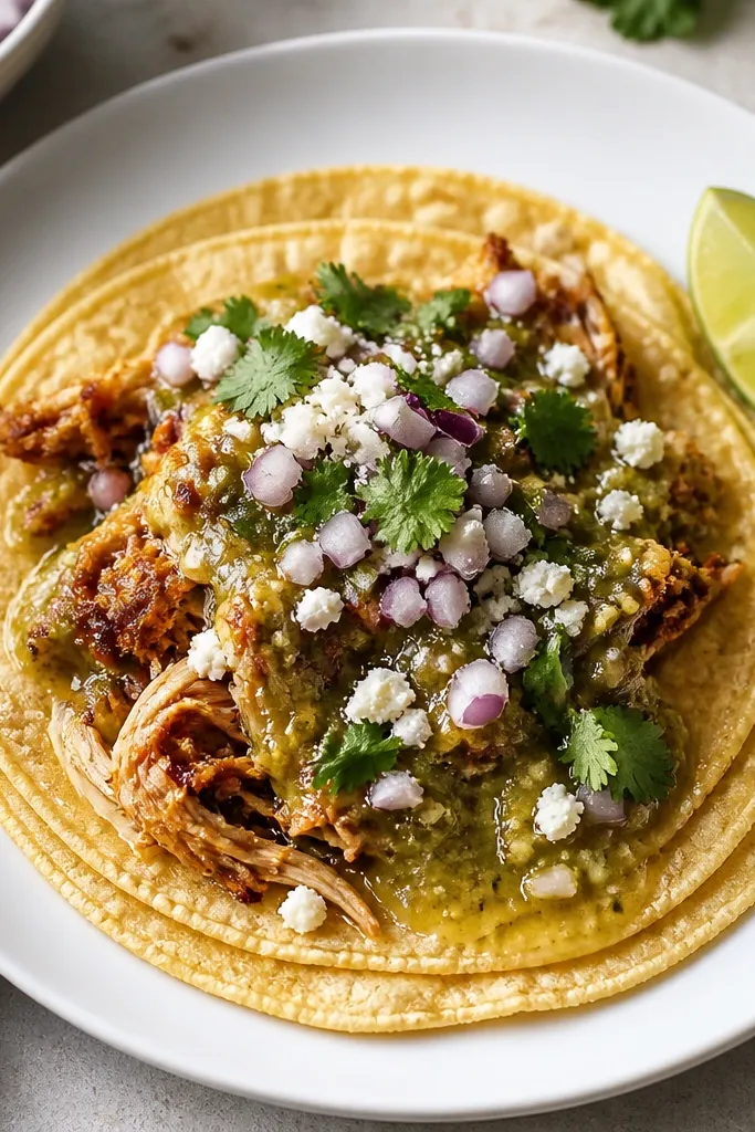 A white plate with three corn tortillas stacked slightly apart. Crispy shredded chicken sits in the center, topped with a glossy spoonful of green salsa verde that pools at the edges. Garnishes include finely chopped red onion, crumbled cotija, and a few cilantro leaves. Lime wedges sit on the side.