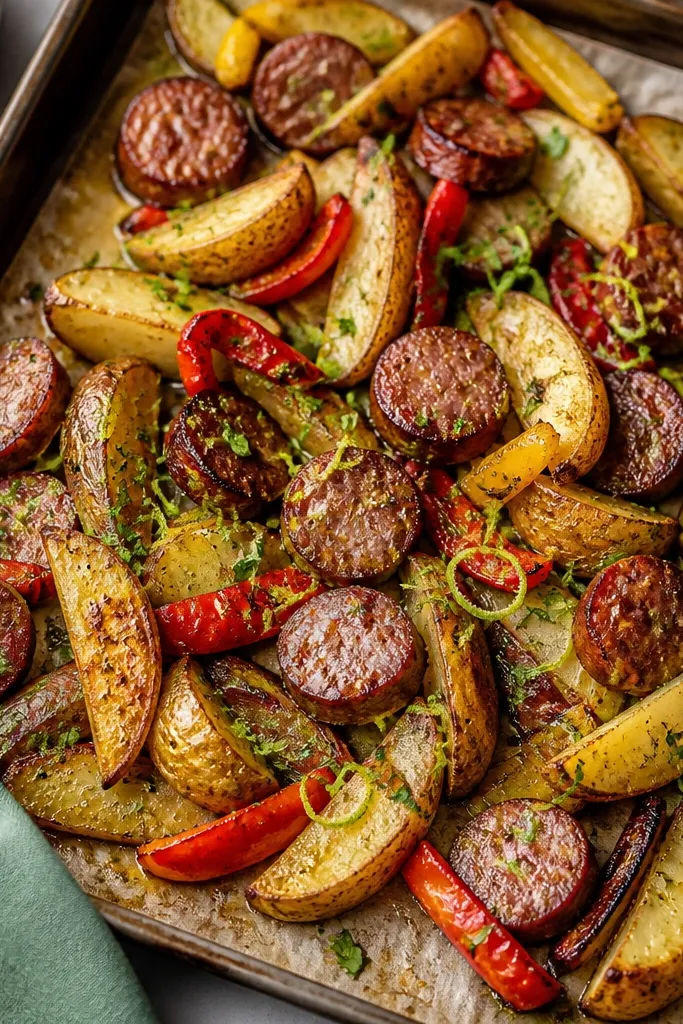 A sheet pan lined with parchment. Golden potato wedges and browned sausage slices sit together. Everything is lightly lacquered with a green glaze. Scattered chopped parsley and thin lime zest curls sit on top, with a few roasted pepper strips mixed in.