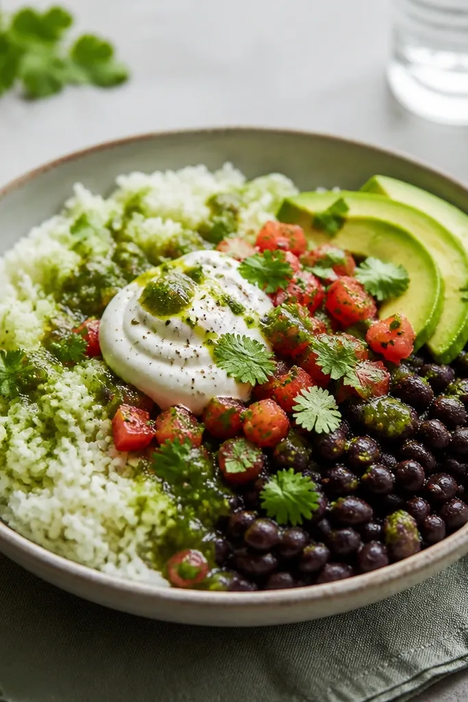 A shallow bowl with fluffy white rice tinted lightly green at the edges. Black beans sit in a neat mound beside it. A dollop of crema is swirled on top with salsa verde drizzled around. Toppings include sliced avocado, diced tomatoes, and cilantro.