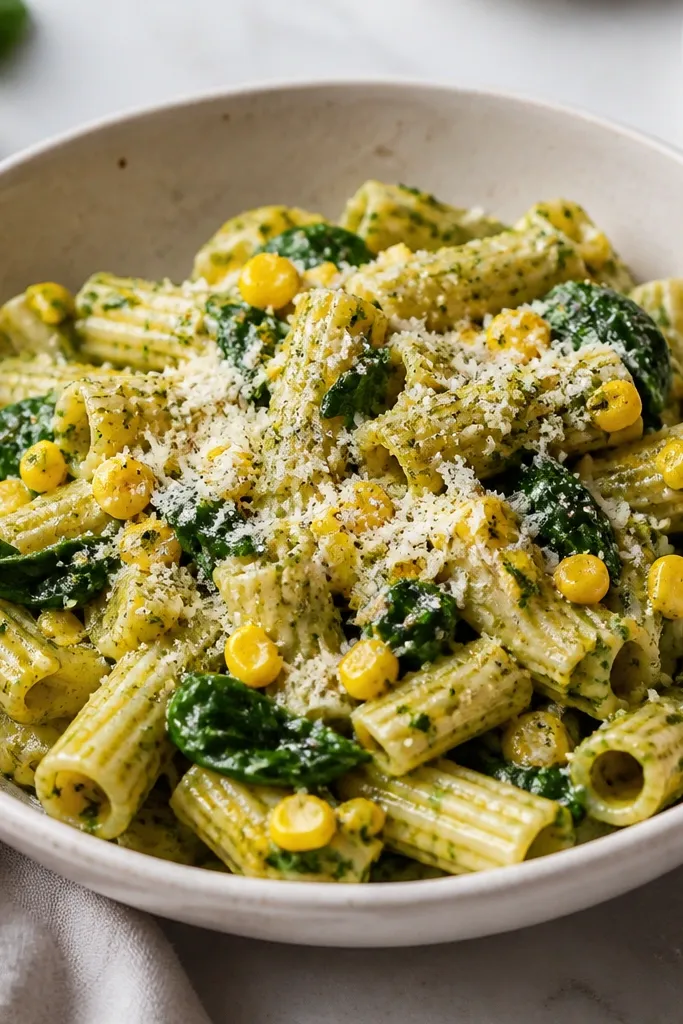 A bowl of short pasta coated in greenish sauce. Bright yellow corn kernels and wilted spinach are scattered on top. A sprinkle of parmesan forms a pale dusting, with a few black pepper specks visible.