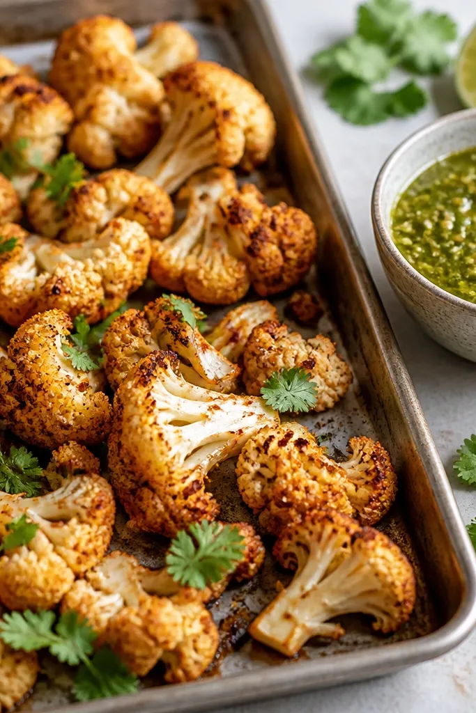 A tray of browned cauliflower florets with crisp edges, coated in specks of chili powder. Salsa verde is served in a small bowl beside the tray, with a few lime slices and cilantro sprigs visible.