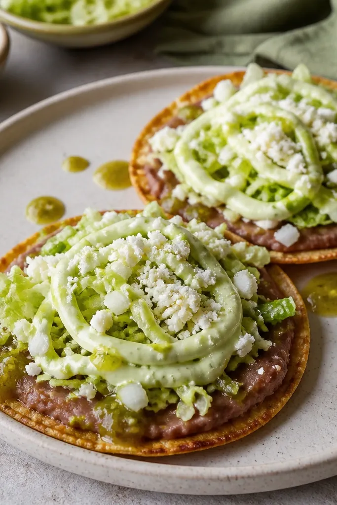 Two tostaditas on a plate, each topped with a smear of refried beans. A swirl of pale green crema sits on top, with a bright green salsa verde drizzle around it. Garnishes include chopped onions, shredded lettuce, and crumbled cheese.