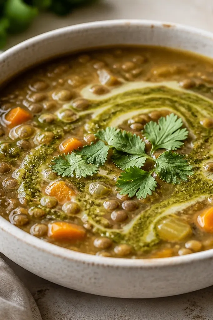A bowl of thick lentil soup with visible lentils, carrots, and celery. A swirl of green salsa verde sits on top, forming a marbled pattern. Fresh cilantro leaves float near the center.