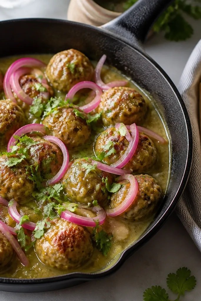 A skillet of turkey meatballs coated in green salsa verde. The sauce clings in glossy streaks. On top are thin rings of pink pickled onions and chopped cilantro. A side of warm tortillas is folded on a napkin.
