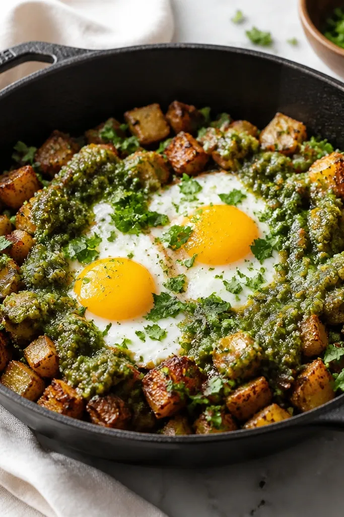 A cast-iron skillet with browned potato hash and green flecks. Two sunny-side eggs sit on top, yolks bright yellow. Salsa verde is spooned around the edges, and chopped green herbs cover the top.