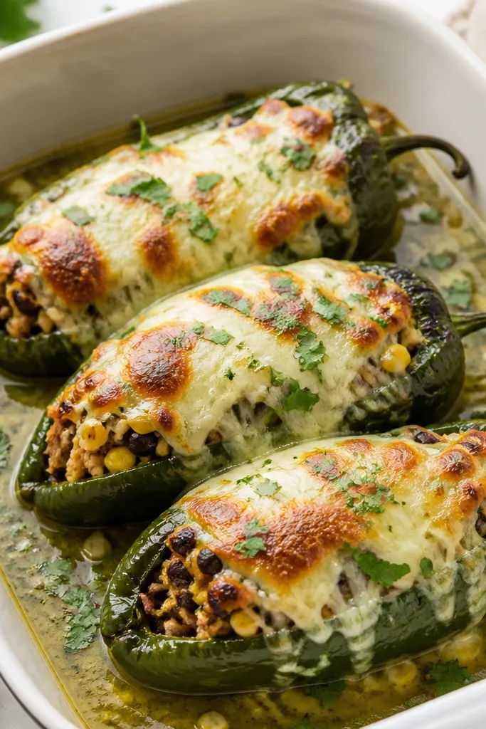 Three roasted green peppers sitting in a baking dish. Each pepper is stuffed and topped with melted cheese that bubbles and browns in spots. Salsa verde is drizzled around the peppers, and herbs are sprinkled on top.