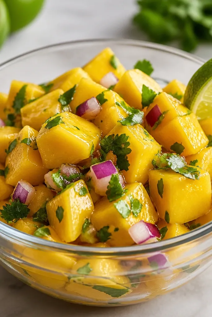 A clear glass bowl filled with chunky mango pieces coated in shiny lime juice, with small flecks of red onion and bright green cilantro scattered on top. A lime wedge sits on the rim.
