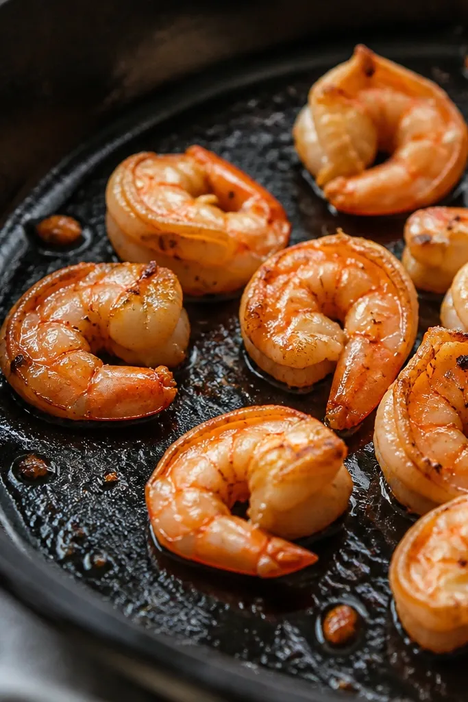 A hot skillet scene with shrimp browning at the edges, glossy from oil, with a few blackened spots. The shrimp are pink-orange and curled.