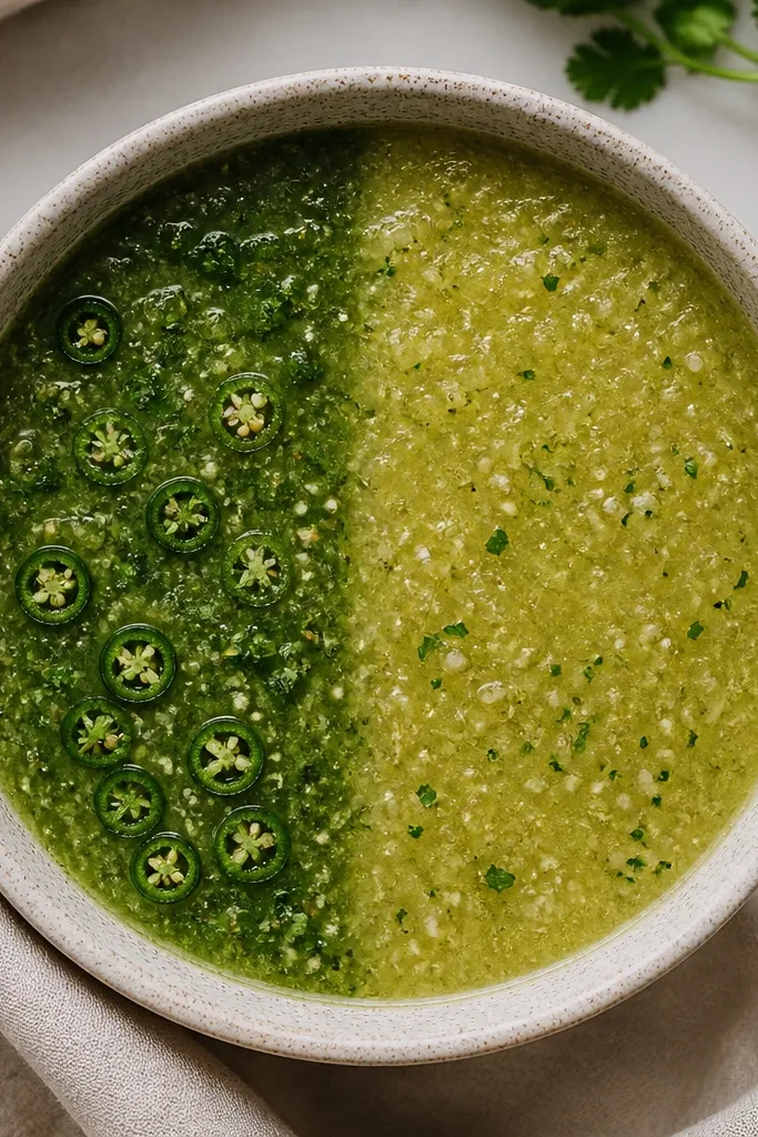 A bowl with salsa split visually: one side has tiny jalapeño slices and the other side looks cleaner and lighter. The surface shows two different green tones.