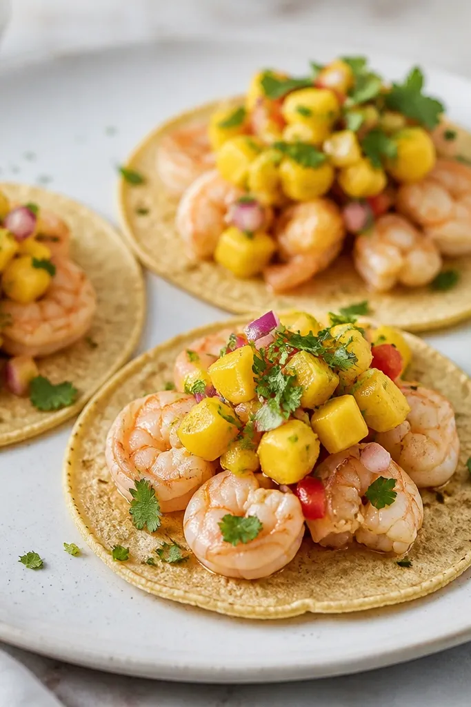 Corn tortillas arranged on a plate, topped with a spoonful of shrimp, then a mound of mango salsa. A light scatter of cilantro and a few lime zest flakes sit on top.