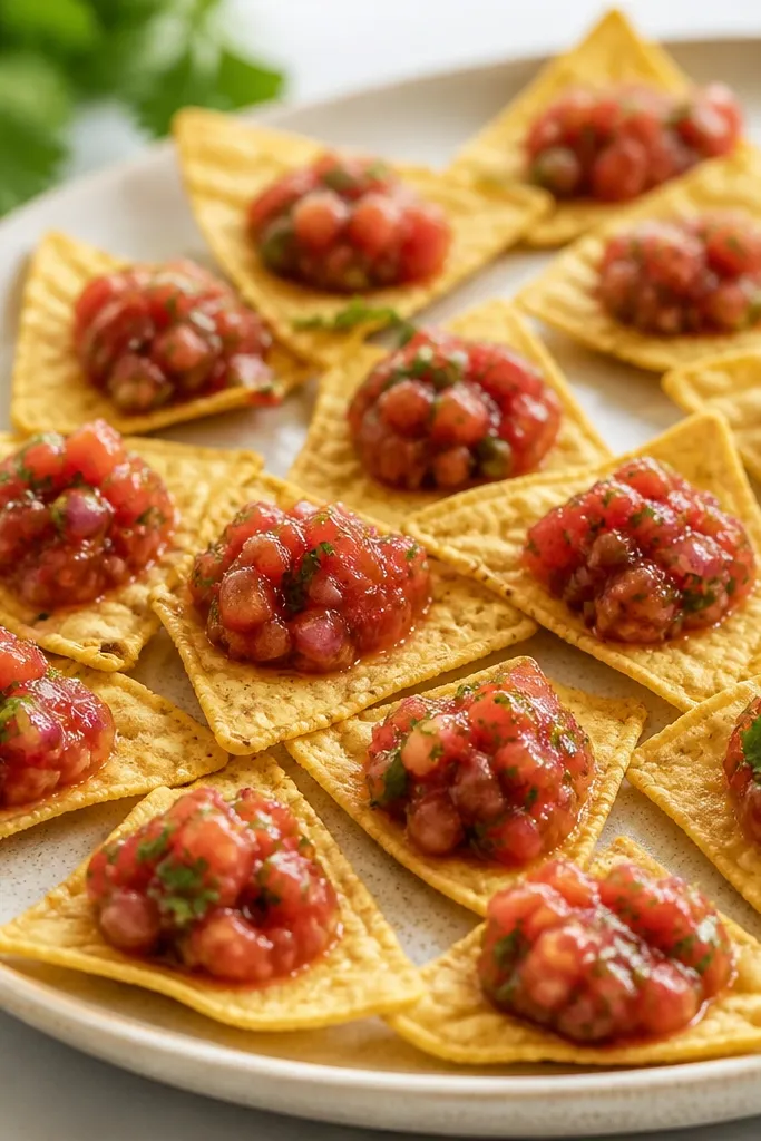 A platter of tortilla chips with a spoonful of salsa placed in small stacks on top. The chips are visible around the salsa mounds.