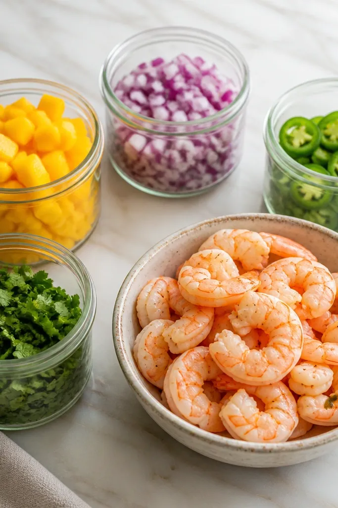 Small glass jars or containers labeled by color: diced mango, chopped red onion, jalapeño slices, chopped cilantro, and a bowl of cooked shrimp. Everything is neatly separated.