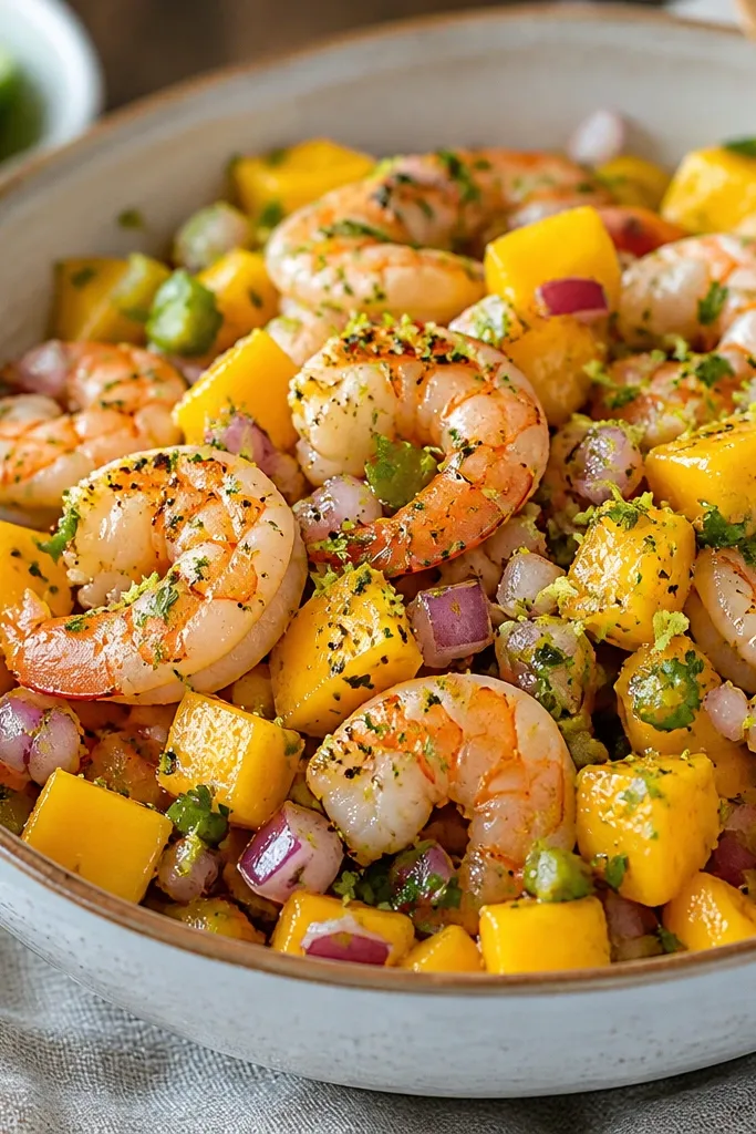 A finished serving bowl with visible tiny yellow-green lime zest flakes sprinkled across the mango salsa and shrimp.