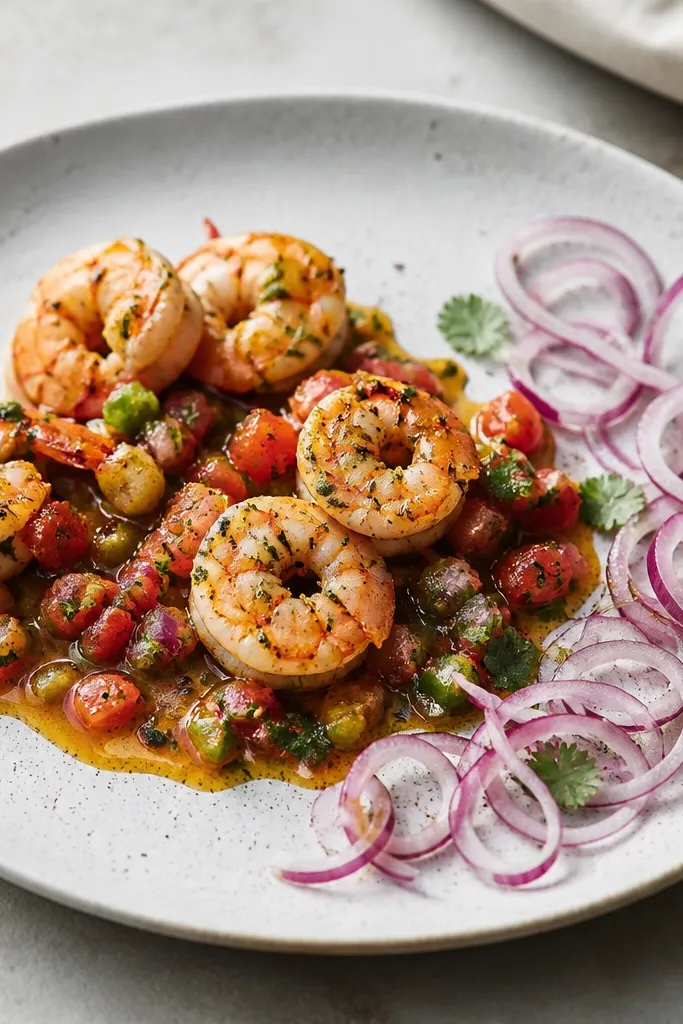 A plate with shrimp and salsa, finished with thin red onion ribbons placed on one edge like a garnish line.