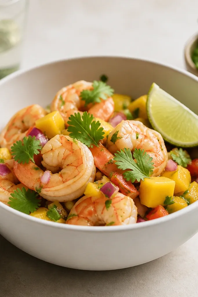 A white bowl with a matte finish holding shrimp and mango salsa, with a pale green lime wedge and a few cilantro leaves on top.