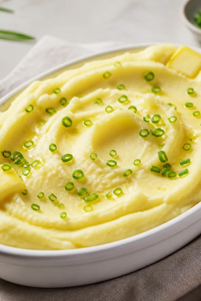 A white oval serving dish filled with smooth, pale-yellow mashed potatoes, shiny from melted butter. A few small butter pats sit along the edges, and chives are sprinkled in thin rings.