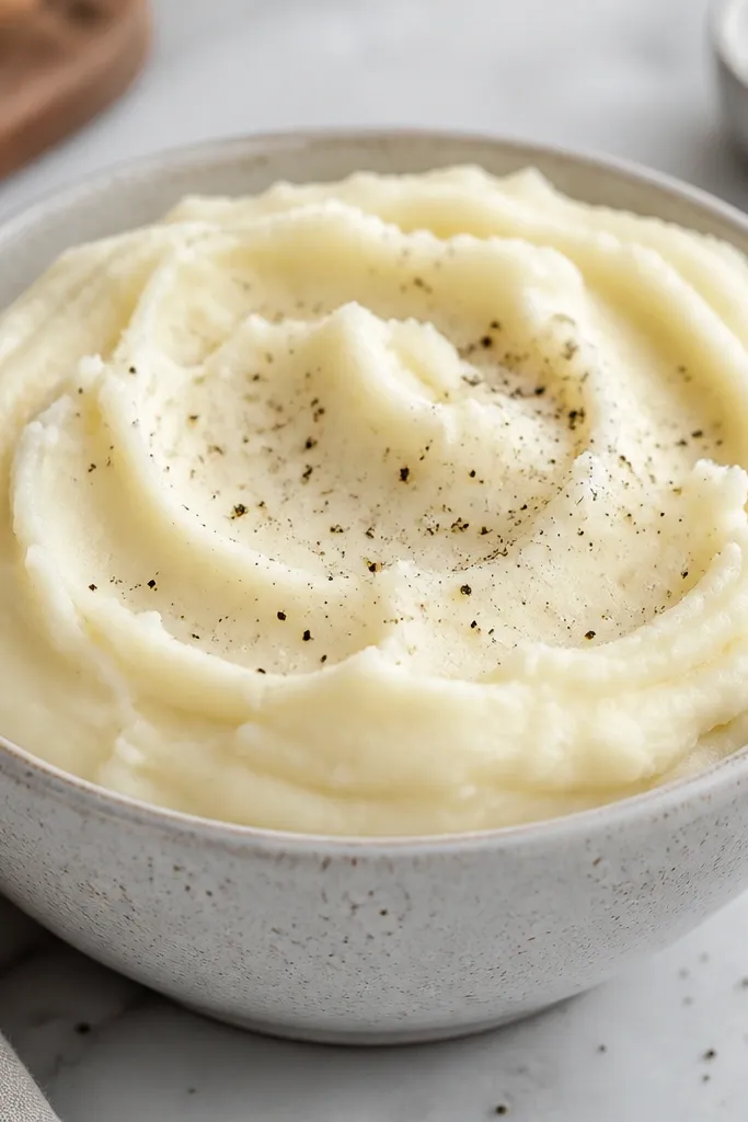 A bowl of mashed potatoes that look slightly thicker and lighter than standard, with a matte sheen. The top has a soft swirl pattern and a dusting of black pepper.