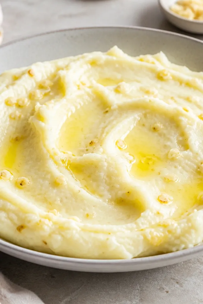 Creamy mashed potatoes with visible flecks of garlic - tiny golden bits - spread in a shallow dish. The surface is smooth with a few glossy spots from butter.