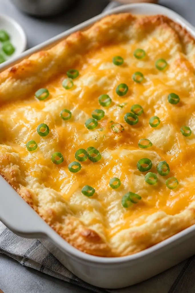 A casserole-style dish of mashed potatoes with bright orange cheddar melted through. Green scallions are sprinkled on top, and the edges look slightly thicker than the center.