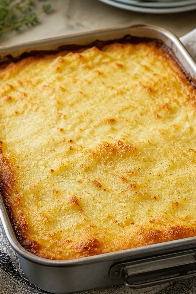 Mashed potatoes spread in a metal baking dish with a thin golden crust on top. The edges are slightly darker, and you can see a few tiny browned bubbles.