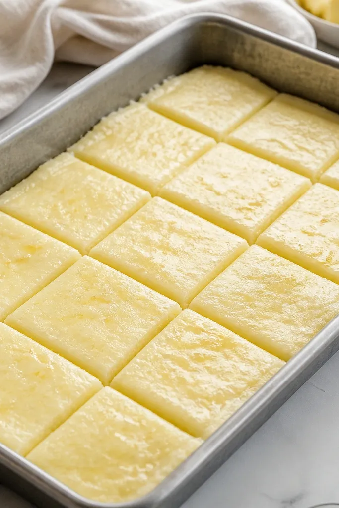 A loaf-like portion of mashed potatoes in a greased pan, cut into neat squares. The color is pale and uniform, with a glossy top and faint butter sheen.