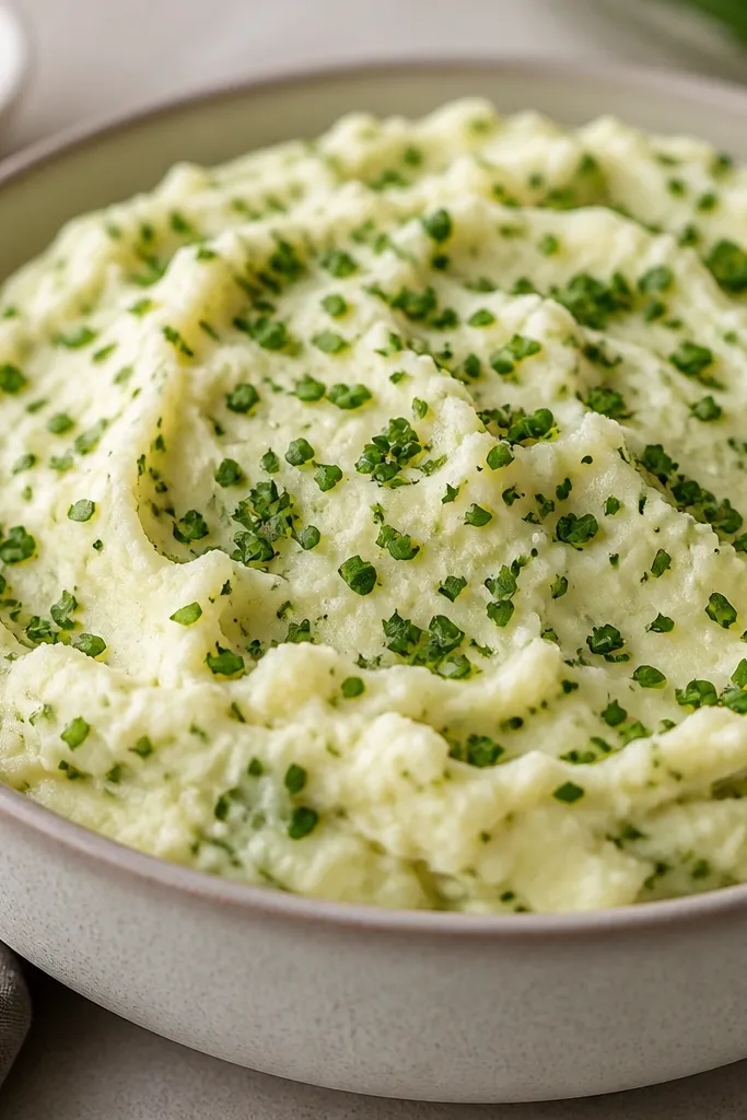 Mashed potatoes with lots of green herbs sprinkled throughout - fine chopped chives and parsley. The top has a fresh, speckled look rather than a single garnish line.