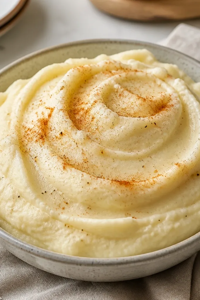 Creamy mashed potatoes with a faint reddish-brown dusting of paprika on top. The surface is smooth and glossy, with a few visible pepper specks.