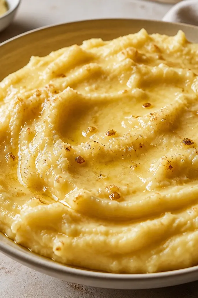 Mashed potatoes with a slightly deeper golden color. The top looks glossy and has tiny toasted brown specks where brown butter bits are mixed in.