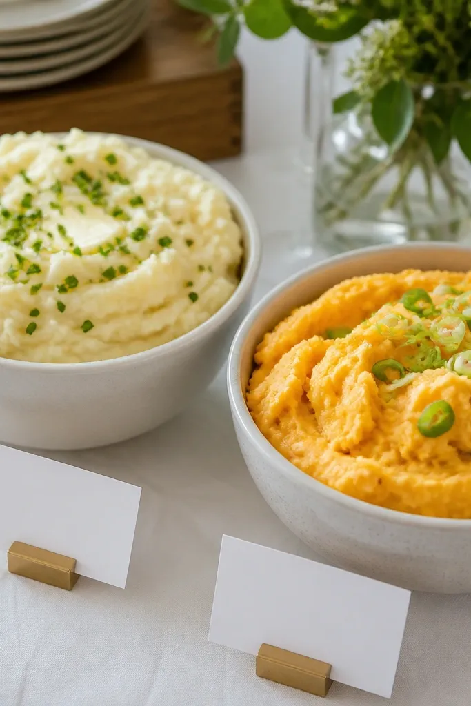 Two separate serving bowls of mashed potatoes on a buffet table. One bowl is classic pale-yellow with chives, the other is orange cheddar with scallions. Labels are written on small white cards.