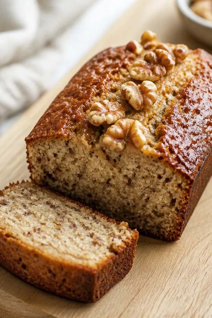 A small banana bread mini loaf on a light wood board, with a glossy golden top and scattered toasted walnut pieces along the center line; the loaf is sliced to show a moist, speckled crumb.