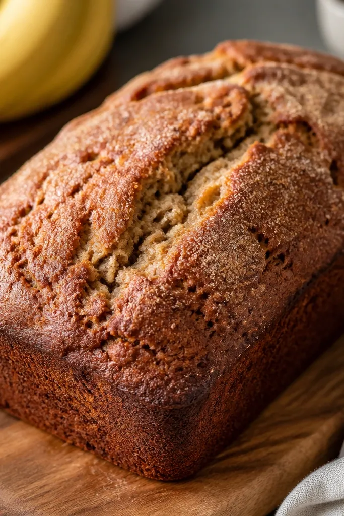 A banana bread loaf with a lightly crackled top, dusted with a fine tan-brown sugar layer; the crust looks matte with a few tiny caramelized spots.