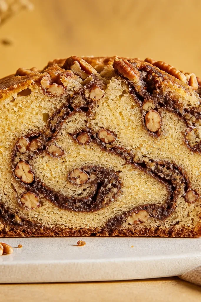 A sliced view showing a marbled swirl through the crumb, with chopped pecans scattered in the swirl and a soft golden background.
