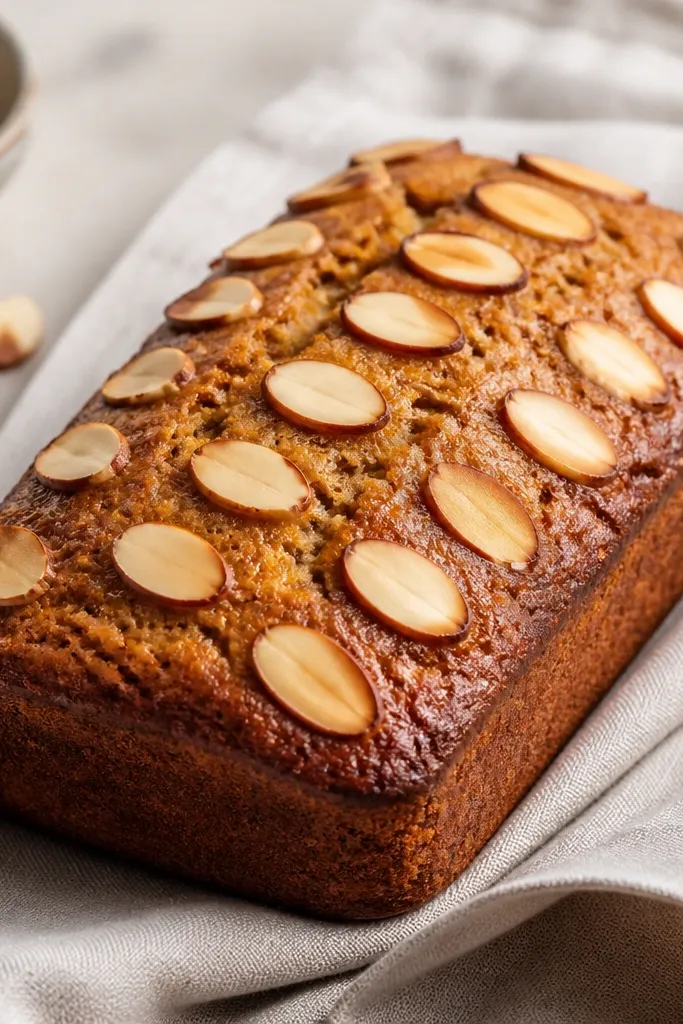 A mini banana bread with a patterned top made from thin sliced almonds arranged in a loose grid; the crust is golden with darker almond tips.