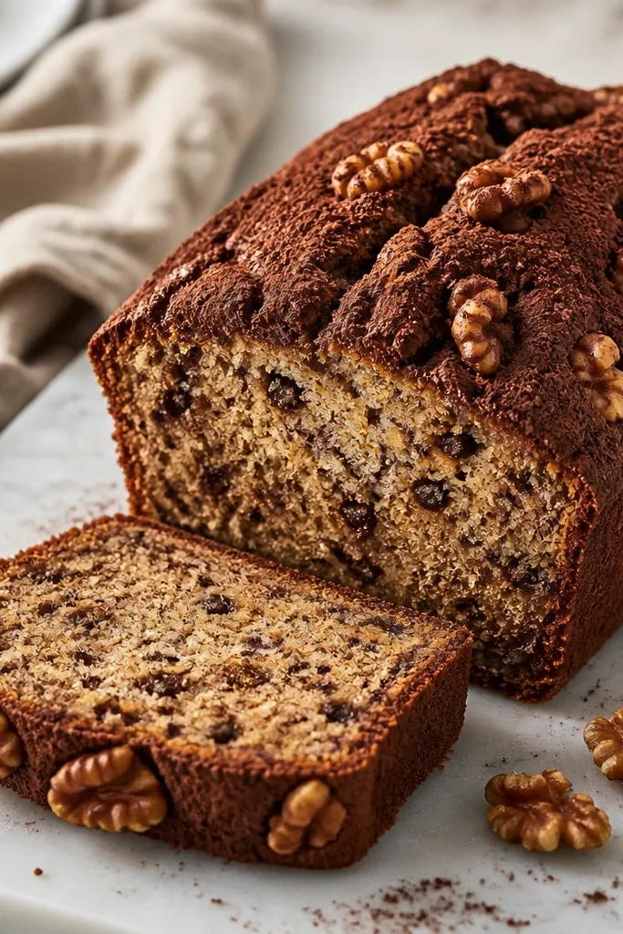 A banana bread loaf with a light cocoa dusting over the top and walnut pieces peeking through; the slice shows dark specks and a golden crumb.