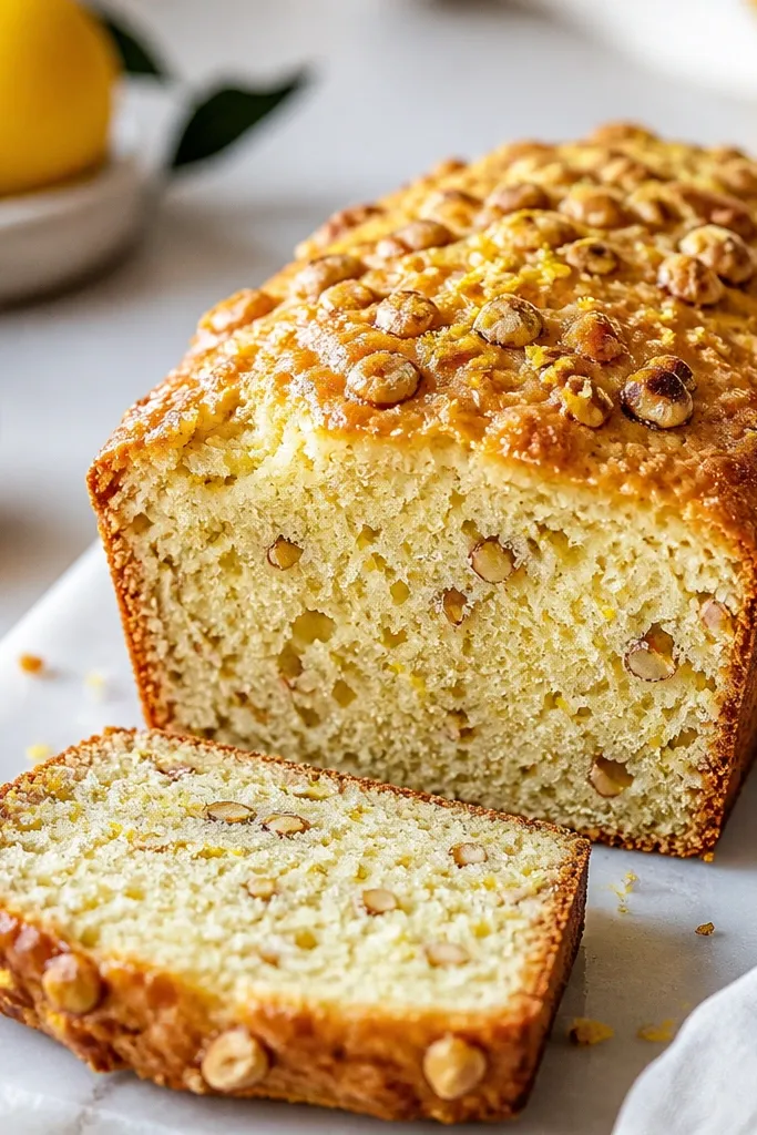 A golden loaf with a speckled top from lemon zest, with chopped nuts visible; the slice looks airy and glossy with tiny citrus flecks.