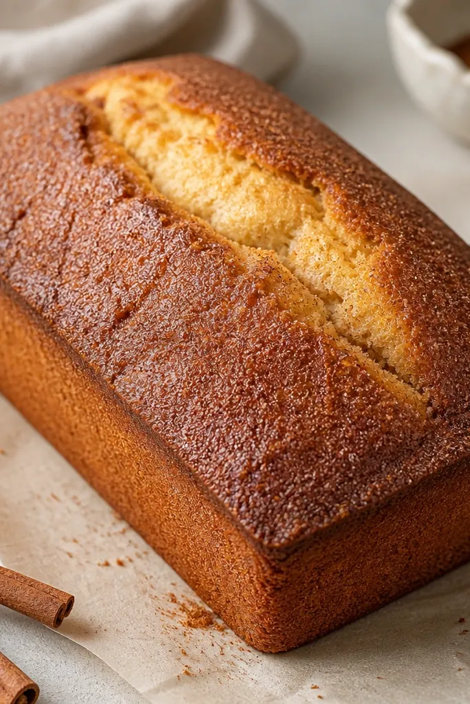 A loaf with a thin cinnamon-sugar crust around the edges, showing tiny cracks and a darker rim; the center stays soft and lighter.