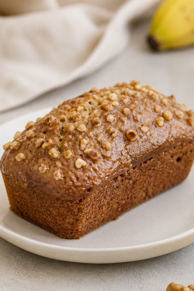A mini banana bread loaf with a thin glaze sheen, with toasted nut bits stuck on top; the glaze looks matte-dry, not runny.