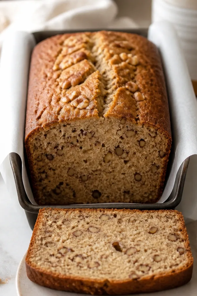 A loaf baked in a pan lined with parchment strips, showing smooth sides and a clean, even slice with no tearing; nuts are visible throughout.