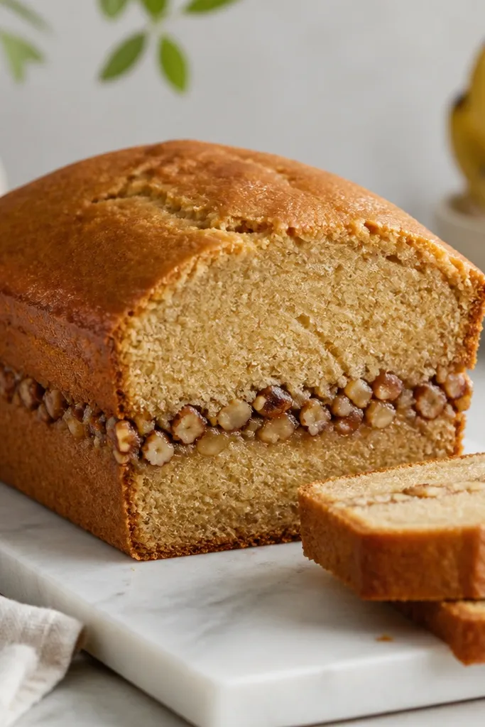 A banana bread loaf where the crumb looks smooth and golden, and there is a distinct layer of chopped nuts along the middle seam; top is plain.