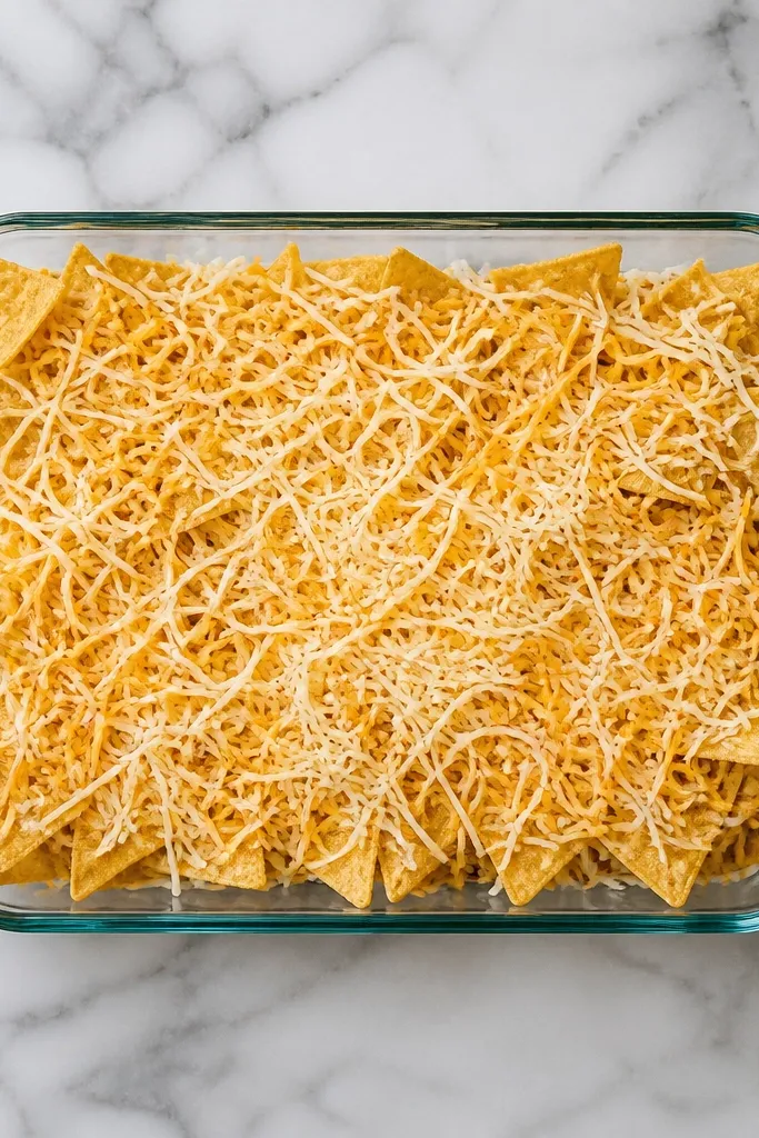 A 9x13 glass baking dish filled with golden tortilla chips. A pale layer of shredded Monterey Jack and cheddar covers most of the chips, with no chicken underneath yet. The tray is photographed straight-on, showing even coverage and crisp chip edges.