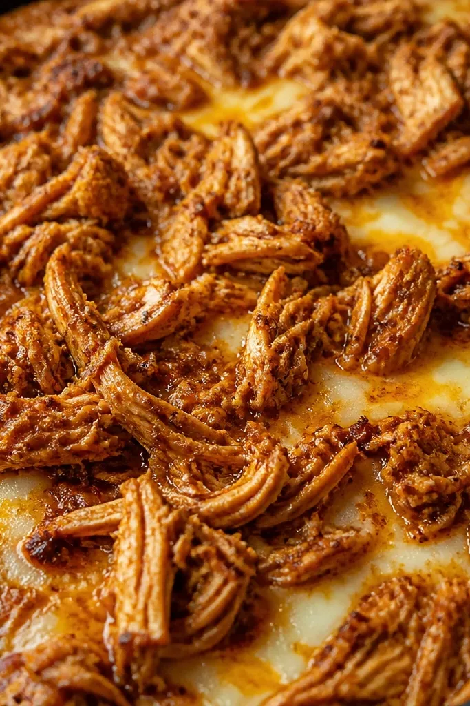 A close-up of shredded chicken spread in uneven mounds over melted cheese, colored deep reddish-brown from taco seasoning. Bits look glossy, with visible flecks of spices.