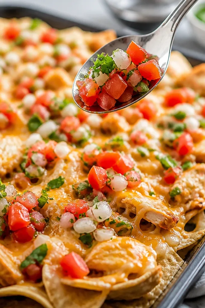 A spoonful of fresh pico scattered across nachos after baking. The pico pieces are bright red and green with visible diced onion and cilantro, sprinkled like confetti over melted cheese and chicken.