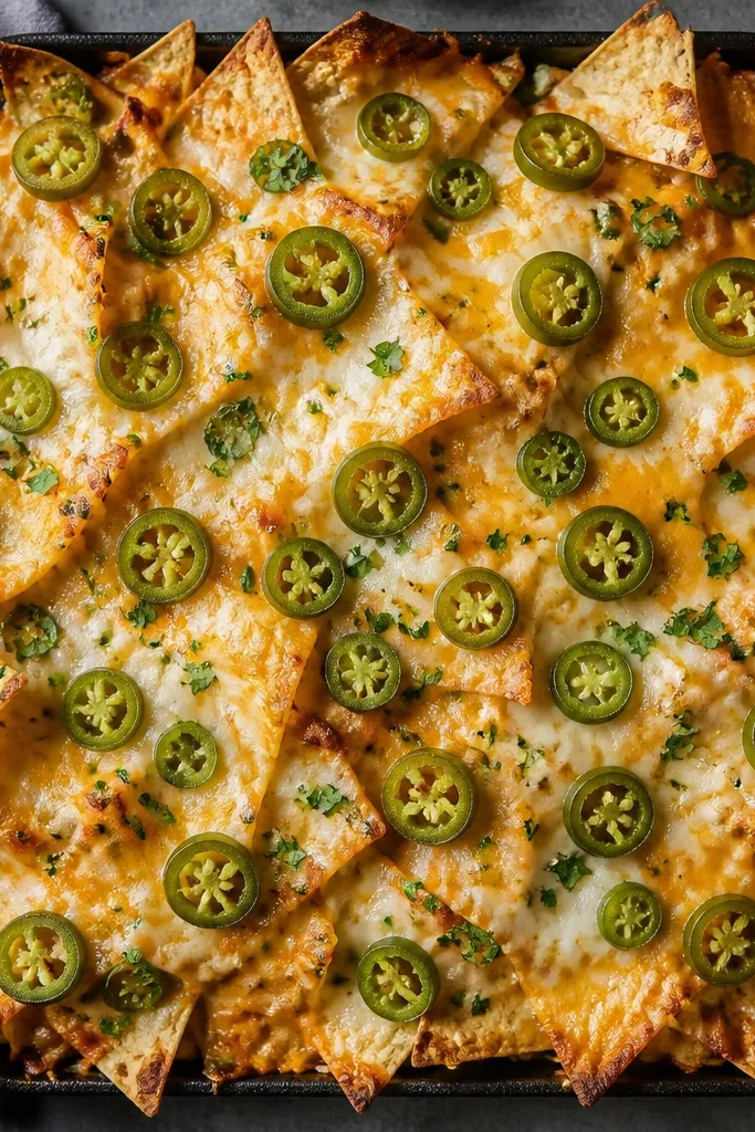 A top-down image of nachos with glossy jalapeño rings scattered across the surface. Some rings sit near the edges where cheese is slightly browned, creating a speckled green pattern.