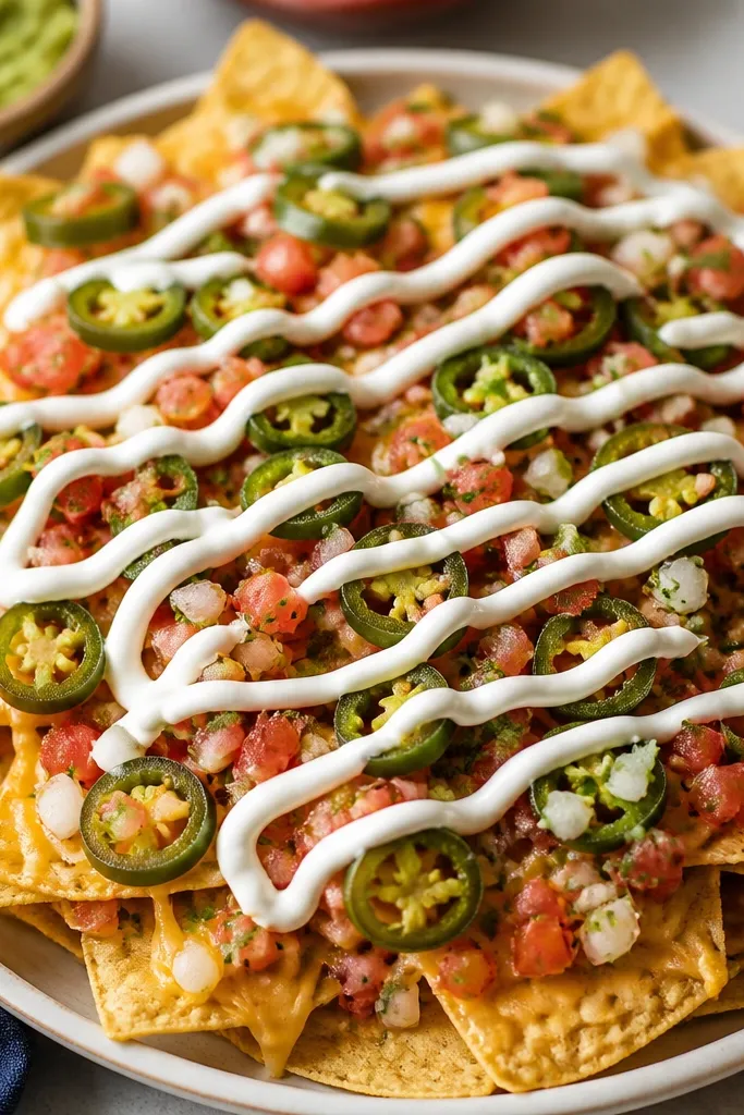 White sour cream piped in thin swoops across the nachos, slightly thick so it holds ridges. The swirl lines sit on top of pico and jalapeños, with cheese still visible underneath.