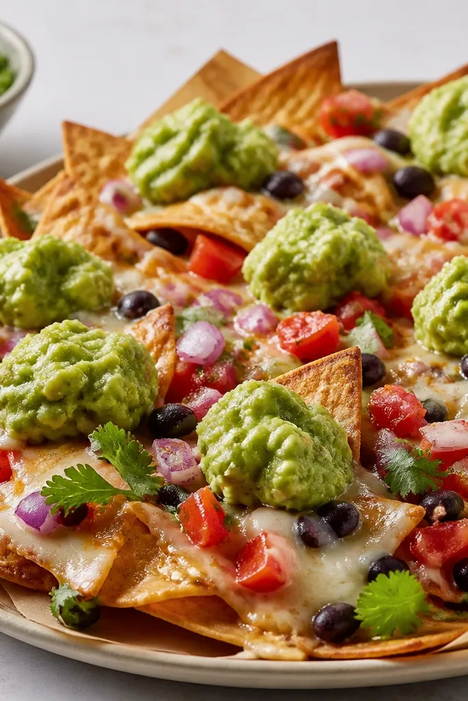 Green guacamole dots placed in small mounds across nachos. The guac has a chunky texture with visible avocado pieces and a glossy sheen, not smeared flat.