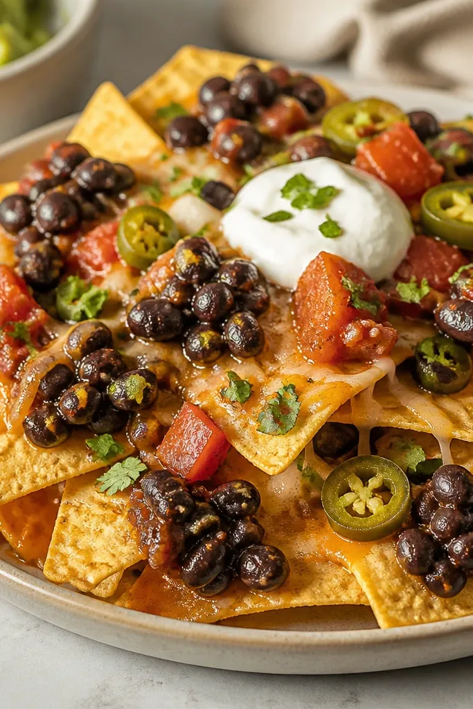Black beans mixed with a little tomato and seasoning are scattered as small spoon spots on top of the nachos. The beans are glossy and speckled with seasoning.