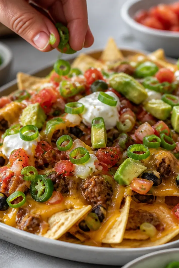 Thin slices of green onion sprinkled over nachos right before serving. The green pieces look fresh and slightly glossy, scattered in a light layer across the top.